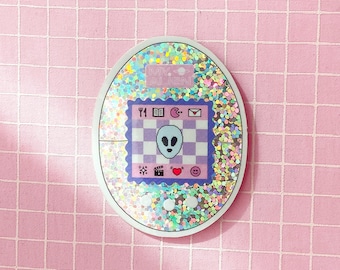 Adesivo Holográfico Tamagotchi - Adesivo Glitter - Estética Retro Gaming - Anos 90 - Y2K