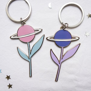 Flower planet keychain hard enamel keychain space Saturn planet with stars and moon image 1