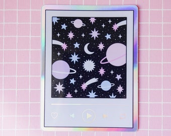 Music playlist sticker - holographic sticker - galaxy - cosmic sticker - space - planets - girl from space