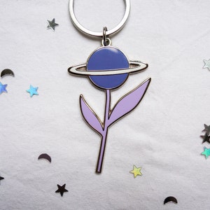 Flower planet keychain hard enamel keychain space Saturn planet with stars and moon image 3