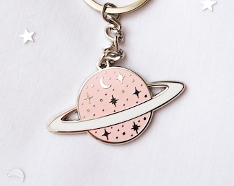 Pink planet keychain - hard enamel keychain - space - Saturn - planet with stars and moon