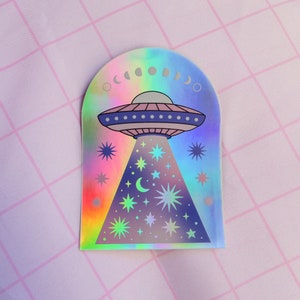 Ufo sticker - holographic sticker - galaxy - cosmic sticker - space - planets - moon phases