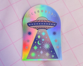 Ufo sticker - holographic sticker - galaxy - cosmic sticker - space - planets - moon phases