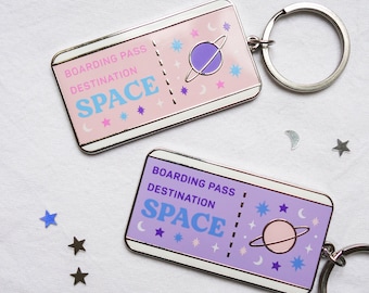 Boarding pass keychain - hard enamel keychain - space - Saturn - planet with stars and moon