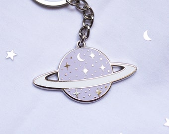 Purple planet keychain - hard enamel keychain - space - Saturn - planet with stars and moon