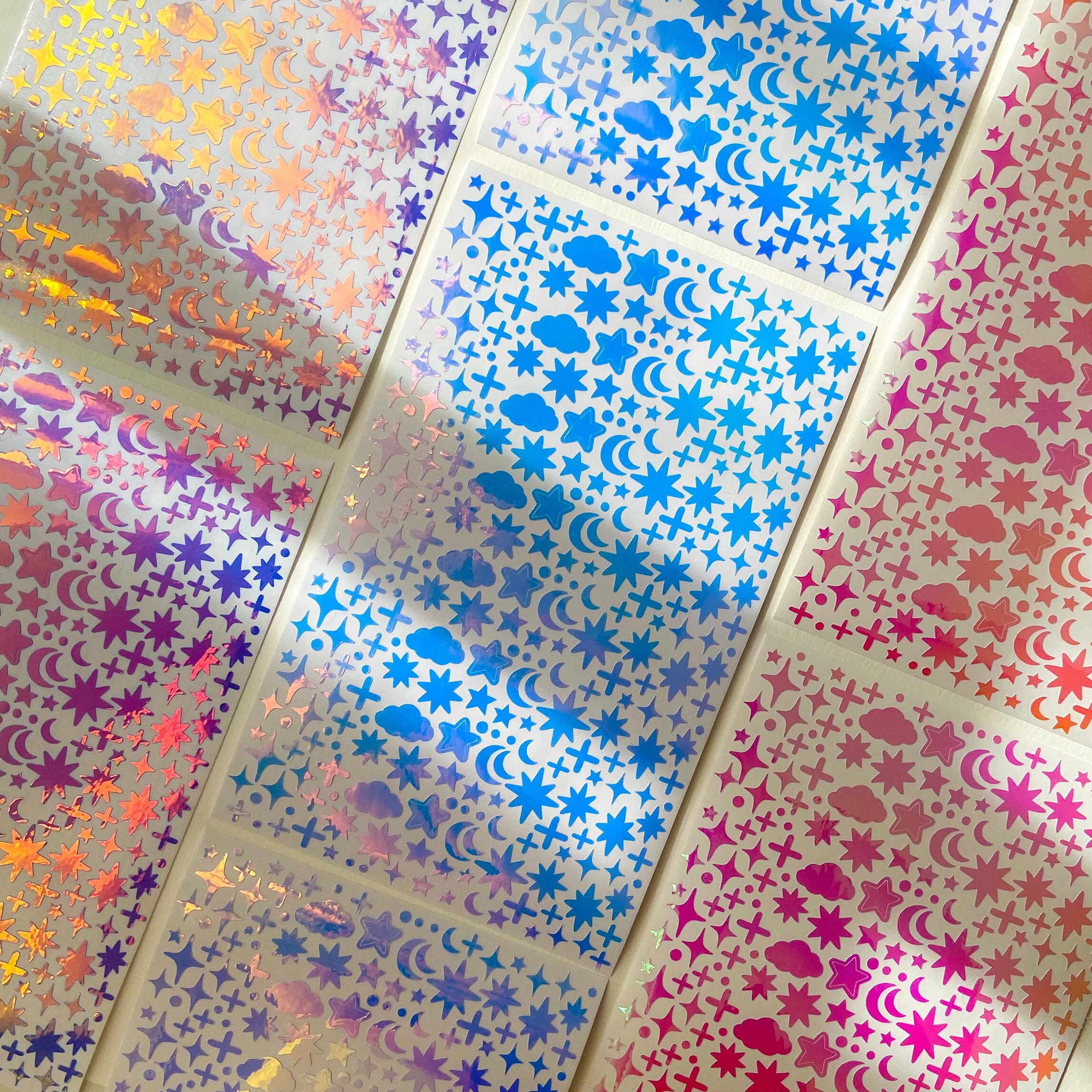 Folha de adesivos holográficos - scrapbooking - diário - adesivos cósmicos - estrelas - bujo - adesivo decorativo polaroid