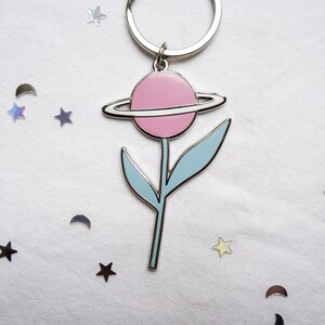 Flower planet keychain hard enamel keychain space Saturn planet with stars and moon image 2