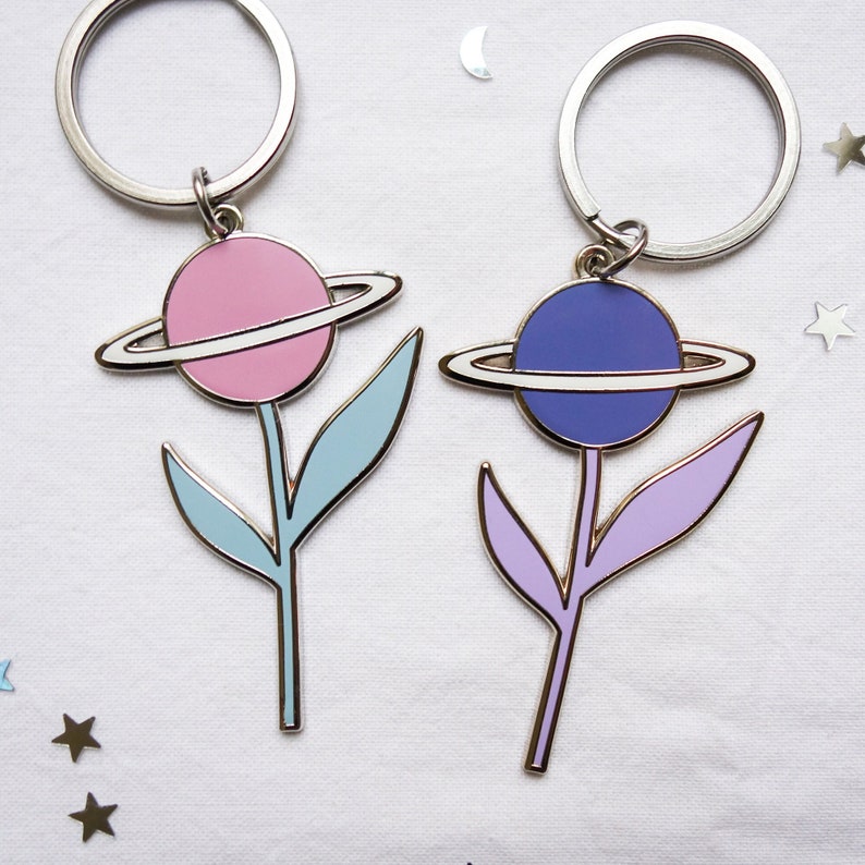 Flower planet keychain hard enamel keychain space Saturn planet with stars and moon image 1