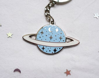 Blue planet keychain - hard enamel keychain - space - Saturn - planet with stars and moon