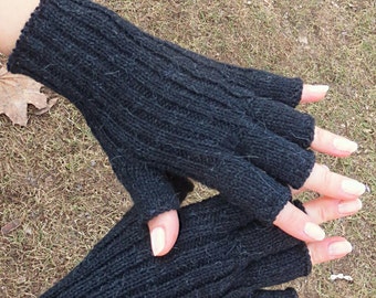 Warm wool gloves winter handmade arm warmers hand knit crochet fingerless mittens women men black cut tip half finger gloves merino alpaca