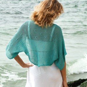 Summer open shrug short crop cardigan light turquoise knitted crochet bolero women boho clothing wedding bridal dress coverup arm cover image 10