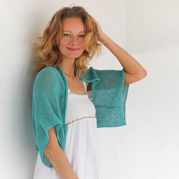 Turquoise haussement d’épaules boléro tricoté à la main boléro pull à manches courtes boléro plus taille femmes haussement d’épaules coton tricoté pull haussement d’épaules kimono haussement d’épaules d’été