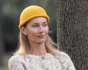 Short knitted hat yellow women wool beanie handmade crochet hand knit toque hat rolled brim hat winter warm hat adult custom handknit beanie