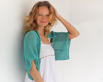 Boléro boléro en tricot turquoise à la main boléro à manches courtes boléro grande taille femme haussement d'épaules en coton pull kimono haussement d'épaules d'été