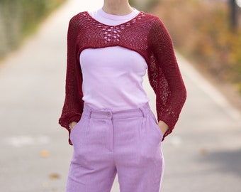 Summer short pullover cotton crop sweater boho clothing women organic shrug hand knit bohemian lace top beach holidays accessories plum red