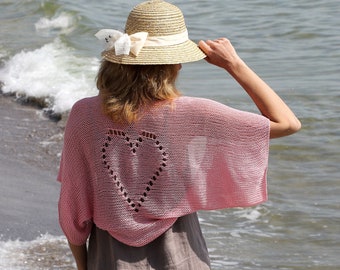 Desert rose Women crop open cardigan heart summer shrug hand knit crochet handmade bolero cotton jacket lightweight pink plus size beach