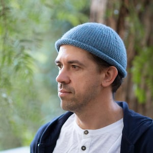 Men knitted hat peacock blue merino wool beanie short trawler beanie hand knit fisherman hat winter handmade toque rolled brim crochet warm