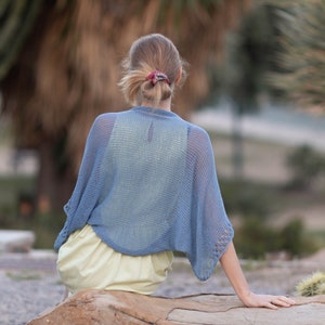 Knit shrug Forget-me-not color loose summer cardigan Cotton lightweight jacket women oversize plus size clothing blue boho bolero handmade image 1