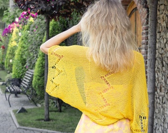 Bright yellow summer jacket crochet knit handmade cardigan women cotton bolero oversize plus size sweater shrug wedding bridal dress coverup