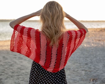 Summer handknit shrug red coral bolero knit crochet wrap cotton cover up natural vegan cardigan lightweight open sweater women accessories