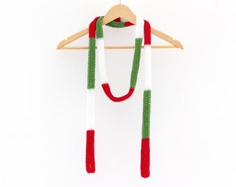 Christmas skinny scarf long lightweight scarf knit narrow tie neck thin choker scarf striped italy flag colors necktie organic cotton women
