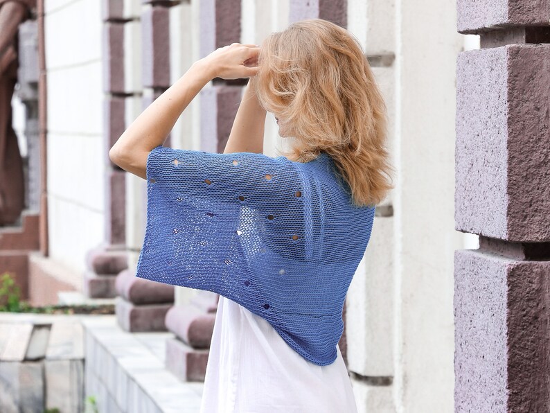 Jeans blue open shrug for women knit bolero jacket summer cardigan loose fit cotton cropped sweater handmade sheer clothing lightweight eco image 2