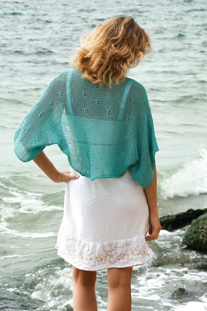 Turquoise shrug bolero hand knit bolero sweater short sleeve bolero plus size women shrug cotton knitted sweater shrug kimono summer shrug image 2