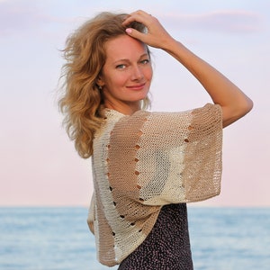 Striped bolero shrug crochet summer cardigan beach cover up lace cotton jacket hand knitted women short sleeve kimono wrap beige ivory cloth image 3