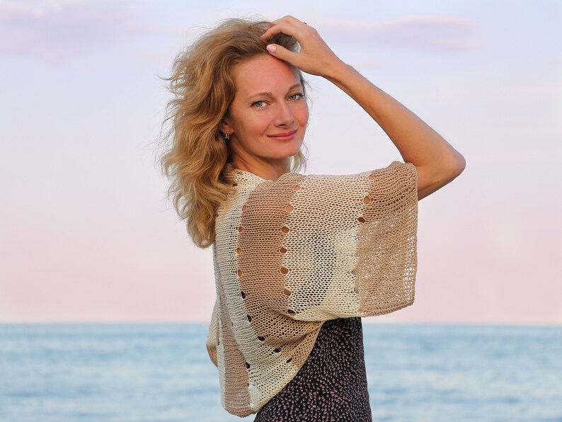 Striped bolero shrug crochet summer cardigan beach cover up lace cotton jacket hand knitted women short sleeve kimono wrap beige ivory cloth image 3