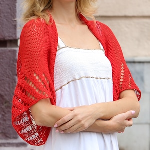 Red summer shrug hand knit bolero sweater summer cropped cardigan shoulder cover up plus size women open jacket half sleeves lace wrap light