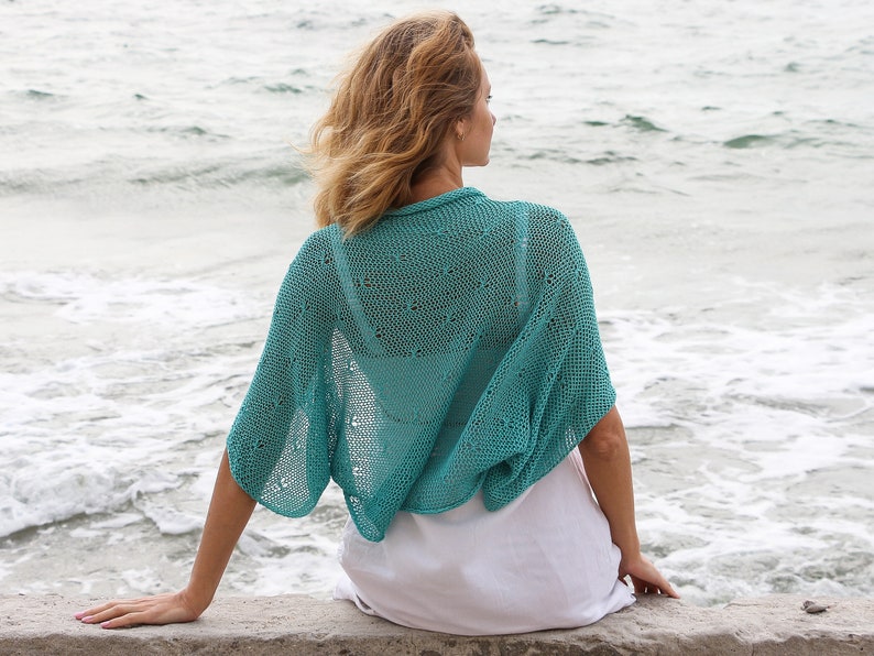 Turquoise shrug bolero hand knit bolero sweater short sleeve bolero plus size women shrug cotton knitted sweater shrug kimono summer shrug image 10