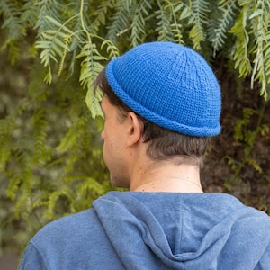 Mens knit hat cobalt blue merino wool men toque short trawler beanie hand knitted fisherman hat winter beanie rolled brim scull cap crochet cobalt blue