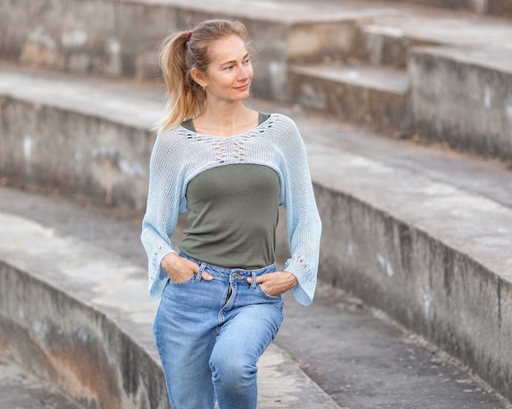 DENIM BOLERO GLOVES Blue Jeans Cotton Light Wash Top Jacket Shrug