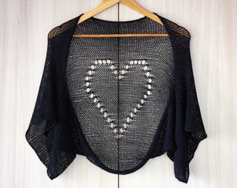 Summer black cardigan handmade organic cotton bamboo shrug hand knit sweater cropped handknit bolero lightweight heart jacket sheer shrug