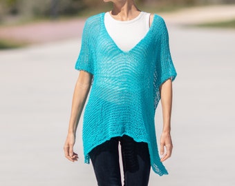 Boho summer t shirt hand knit cotton v neck tunic beach loose fit top caftan knitwear women cover up mesh sweater fishnet swimsuit coverup