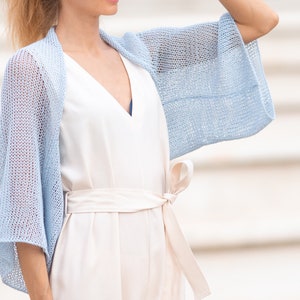 Summer bridal shrug ice blue cotton jacket open front bolero light sweater something blue for bride cover up women lightweight loose coverup ice blue