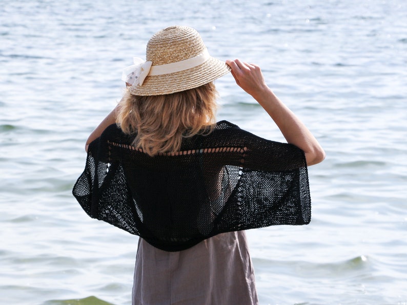 Black bolero shrug knit cotton cardigan women summer jacket made in Spain beach crochet hand knitted shoulder cover up loose sheer sweater zdjęcie 7