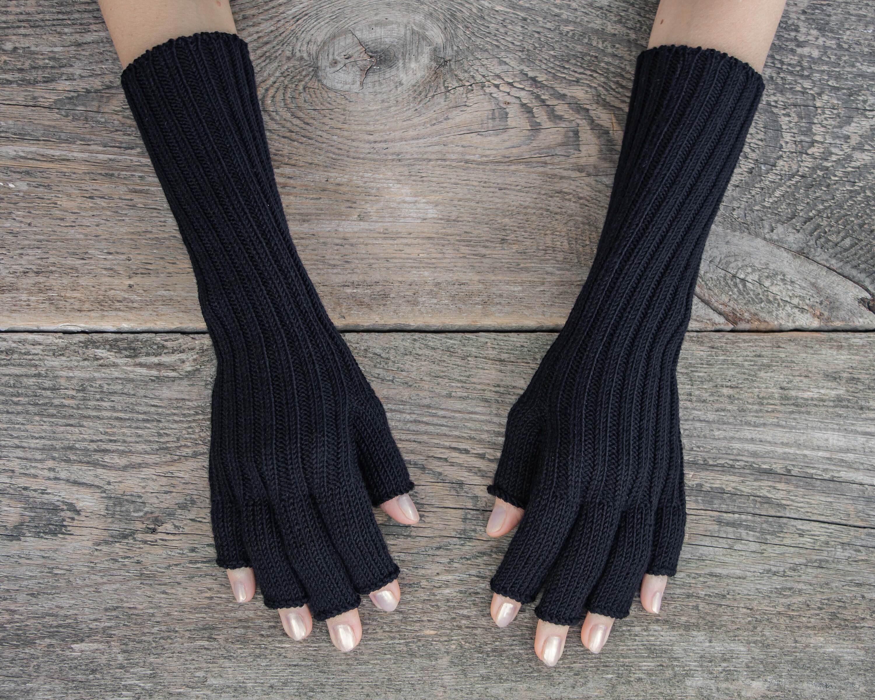 Black Long Gloves Cut Fingertip Merino Wool Gloves Hand Knit - Etsy