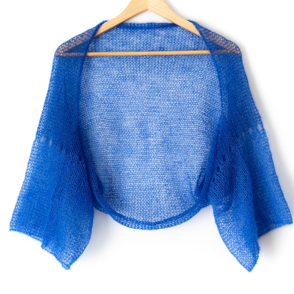 Haussement d'épaules bleu cobalt en mohair brillant soirée crop cardigan ouvert mariage tricots pull en dentelle pour femmes épaule bras couvrir tenue de mariage d'été