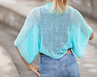 Summer open shrug short crop cardigan light turquoise knitted crochet bolero women boho clothing wedding bridal dress coverup arm cover