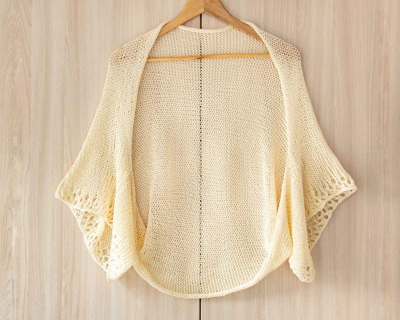 White summer shrug women cotton bolero hand knit lace jacket lightweight crochet sweater beach cover up loose crop cardigan short sleeve Ivory