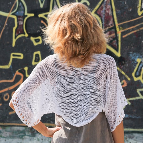 HitsKnits White Summer Shrug Women Cotton Bolero Hand Knit White Jacket Lightweight Crochet Sweater Beach Cover Up Loose Crop Cardigan Short Sleeve