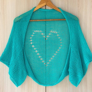 Desert rose Women crop open cardigan heart summer shrug hand knit crochet handmade bolero cotton jacket lightweight pink plus size beach Turquoise