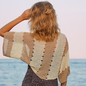 Striped bolero shrug crochet summer cardigan beach cover up lace cotton jacket hand knitted women short sleeve kimono wrap beige ivory cloth image 1