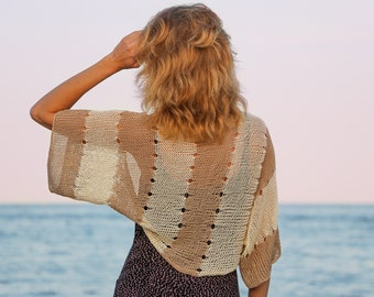 Striped bolero shrug crochet summer cardigan beach cover up lace cotton jacket hand knitted women short sleeve kimono wrap beige ivory cloth