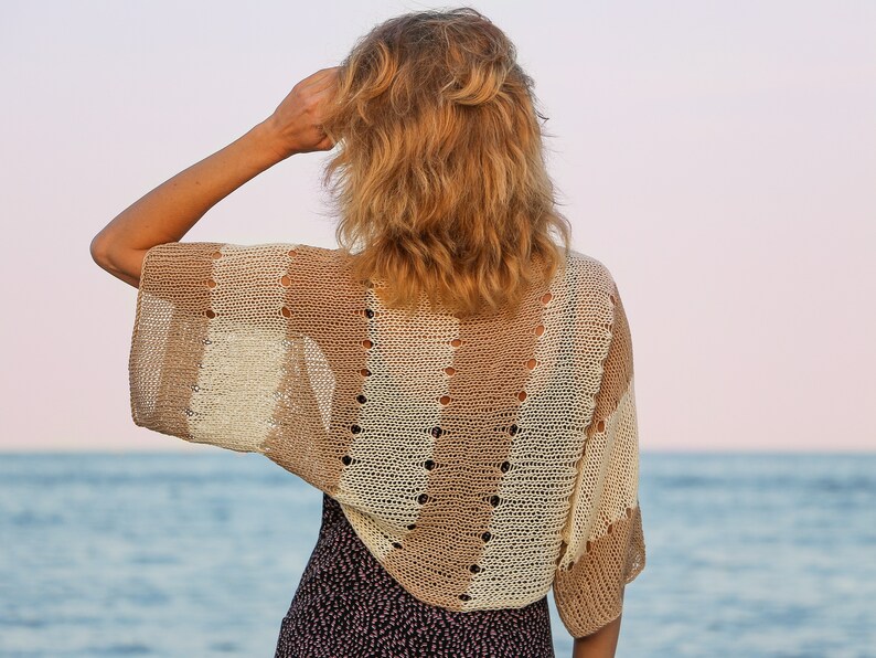 Striped bolero shrug crochet summer cardigan beach cover up lace cotton jacket hand knitted women short sleeve kimono wrap beige ivory cloth image 1