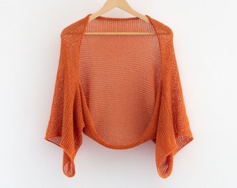 Orange open cardigan summer knitted shrug crochet sheer bolero lace cotton sweater women beach shrug plus size wrap coverup handmade jacket