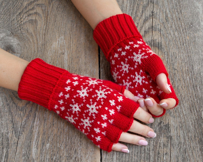 Red Christmas Gloves Winter Wool Gloves Womens Fingerless | Etsy