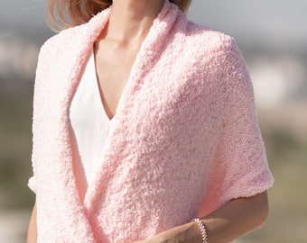 Light pink bridal shawl knit crochet faux fur shoulder wrap winter wedding cover up handknit blush coverup pale rose bridesmaid stole women