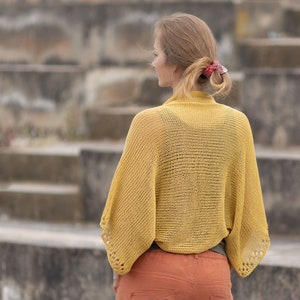 Summer shrug lemon yellow short cropped cardigan women knit hand crochet bolero lightweight sweater cotton jacket loose clothing boho hippie image 3